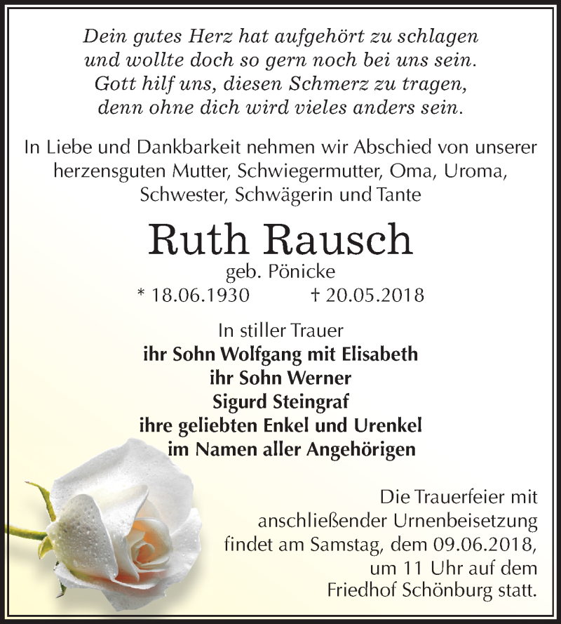  Traueranzeige für Ruth Rausch vom 26.05.2018 aus Mitteldeutsche Zeitung Weißenfels