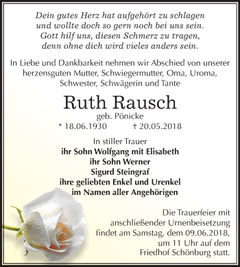 Traueranzeige von Ruth Rausch von Mitteldeutsche Zeitung Weißenfels