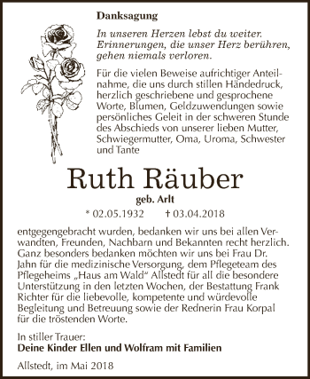 Traueranzeige von Ruth Räuber von Super Sonntag SGH Mansf. Land