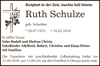 Traueranzeige von Ruth Schulze von WVG - Wochenspiegel Dessau / Köthen