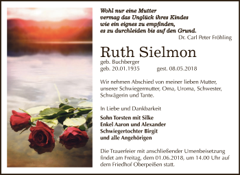 Traueranzeige von Ruth Sielmon von Super Sonntag Bernburg