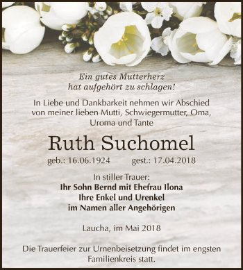 Traueranzeige von Ruth Suchomel von WVG - Wochenspiegel NMB / WSF / ZTZ