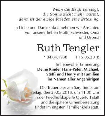 Traueranzeige von Ruth Tengler von Mitteldeutsche Zeitung Merseburg/Querfurt
