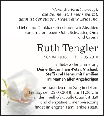 Traueranzeige von Ruth Tengler von WVG - Wochenspiegel Merseburg