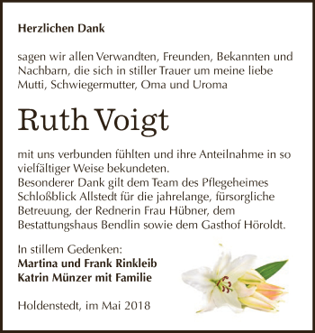 Traueranzeige von Ruth Voigt von Super Sonntag SGH Mansf. Land