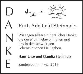 Traueranzeige von Ruth Adelheid Steinmetz von WVG - Wochenspiegel Bitterfeld