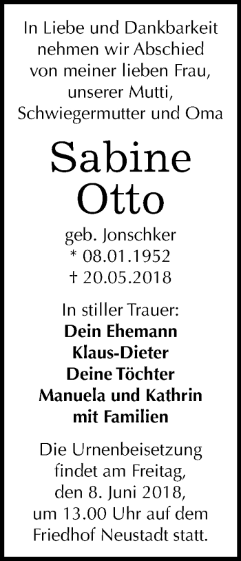 Traueranzeige von Sabine Otto von Mitteldeutsche Zeitung Halle/Saalkreis