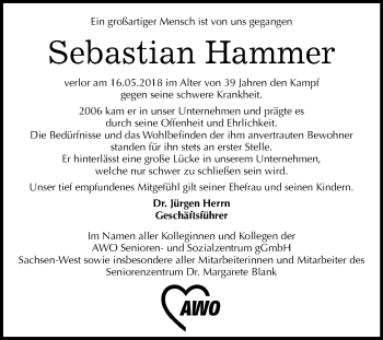 Traueranzeige von Sebastian Hammer von Mitteldeutsche Zeitung Halle/Saalkreis