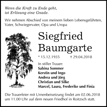 Traueranzeige von Siegfried Baumgarte von Mitteldeutsche Zeitung Bitterfeld