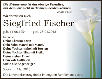 Traueranzeige von Siegfried Fischer von Super Sonntag Zeitz