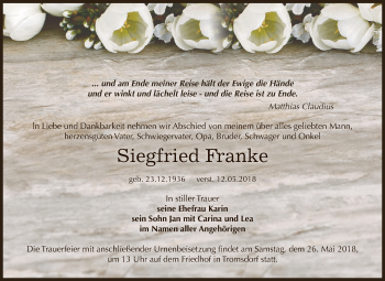 Traueranzeige von Siegfried Franke von WVG - Wochenspiegel NMB / WSF / ZTZ