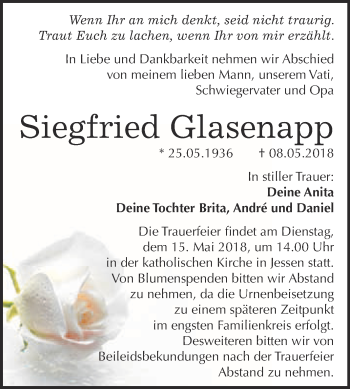 Traueranzeige von Siegfried Glasenapp von WVG - Wochenspiegel Wittenberg