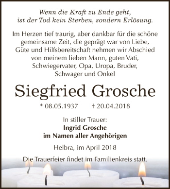 Traueranzeige von Siegfried Grosche von Wochenspiegel Mansfelder Land