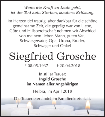 Traueranzeige von Siegfried Grosche von Mitteldeutsche Zeitung