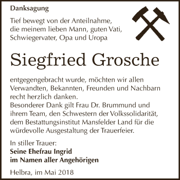 Traueranzeige von Siegfried Grosche von Wochenspiegel Mansfelder Land