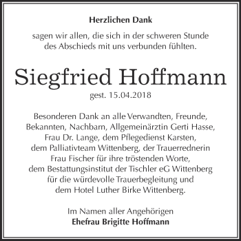 Traueranzeige von Siegfried Hoffmann von WVG - Wochenspiegel Wittenberg