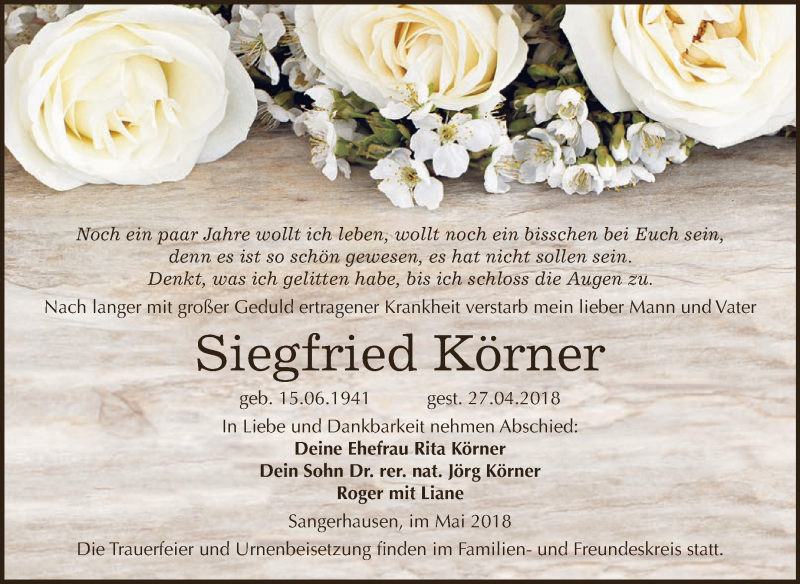  Traueranzeige für Siegfried Körner vom 05.05.2018 aus Super Sonntag SGH Mansf. Land