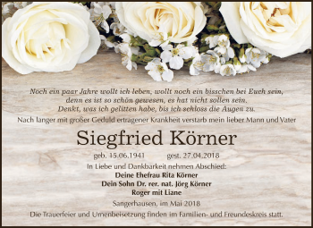 Traueranzeige von Siegfried Körner von Super Sonntag SGH Mansf. Land