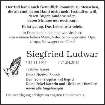 Traueranzeige von Siegfried Ludwar von WVG - Wochenspiegel Bitterfeld