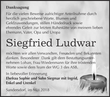 Traueranzeige von Siegfried Ludwar von WVG - Wochenspiegel Bitterfeld
