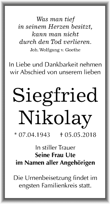 Traueranzeige von Siegfried Nikolay von Mitteldeutsche Zeitung Halle/Saalkreis