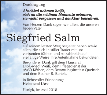 Traueranzeige von Siegfried Salm von Mitteldeutsche Zeitung Köthen