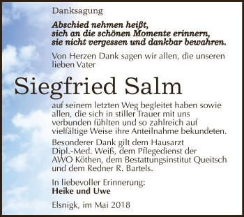 Traueranzeige von Siegfried Salm von WVG - Wochenspiegel Dessau / Köthen
