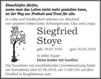 Traueranzeige von Siegfried Stoye von WVG - Wochenspiegel Merseburg