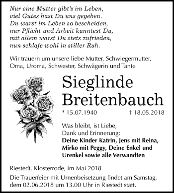 Traueranzeige von Sieglinde Breitenbauch von Mitteldeutsche Zeitung