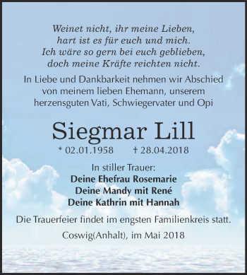 Traueranzeige von Siegmar Lill von Super Sonntag Wittenberg