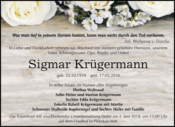Traueranzeige von Sigmar Krügermann von Mitteldeutsche Zeitung Bernburg