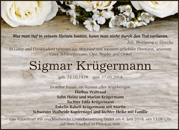 Traueranzeige von Sigmar Krügermann von Super Sonntag Bernburg