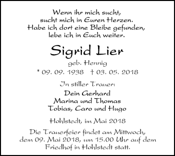 Traueranzeige von Sigrid Lier von Mitteldeutsche Zeitung Sangerhausen