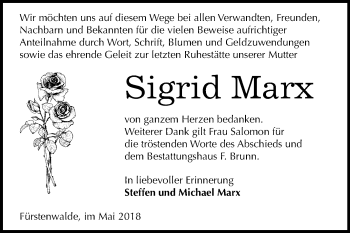 Traueranzeige von Sigrid Marx von Mitteldeutsche Zeitung Quedlinburg