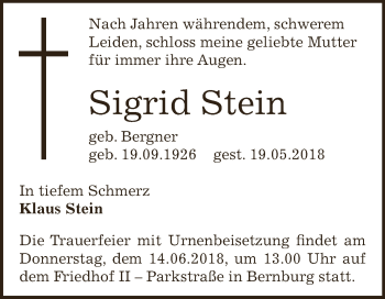 Traueranzeige von Sigrid Stein von Super Sonntag Bernburg