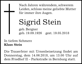 Traueranzeige von Sigrid Stein von Mitteldeutsche Zeitung Bernburg