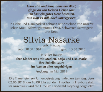 Traueranzeige von Silvia Nasarke von WVG - Wochenspiegel NMB / WSF / ZTZ