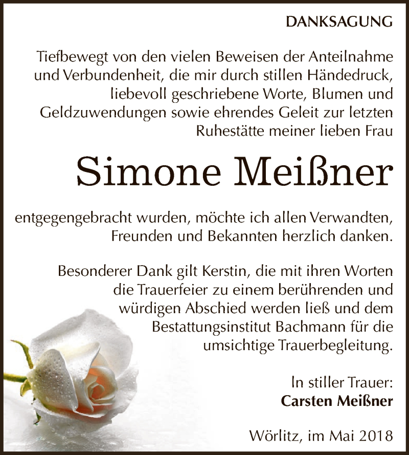  Traueranzeige für Simone Meißner vom 19.05.2018 aus WVG - Wochenspiegel Dessau / Köthen