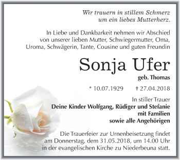 Traueranzeige von Sonja Ufer von Mitteldeutsche Zeitung Merseburg/Querfurt