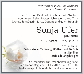 Traueranzeige von Sonja Ufer von WVG - Wochenspiegel Merseburg