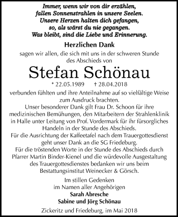 Traueranzeige von Stefan Schönau von Mitteldeutsche Zeitung Bernburg