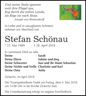 Traueranzeige von Stefan Schönau von Mitteldeutsche Zeitung