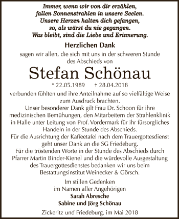 Traueranzeige von Stefan Schönau von Super Sonntag Bernburg