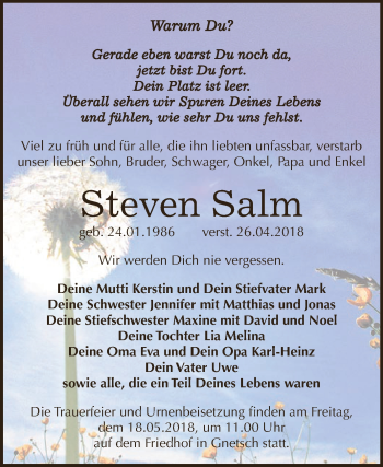 Traueranzeige von Steven Salm von WVG - Wochenspiegel Dessau / Köthen