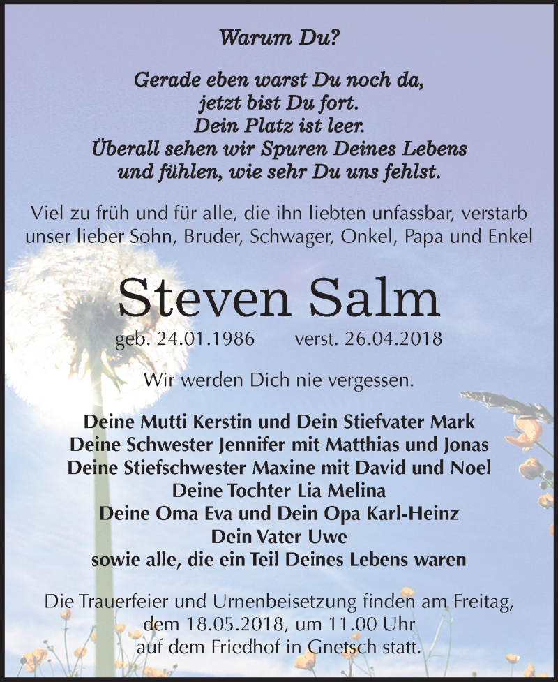  Traueranzeige für Steven Salm vom 05.05.2018 aus Mitteldeutsche Zeitung Köthen
