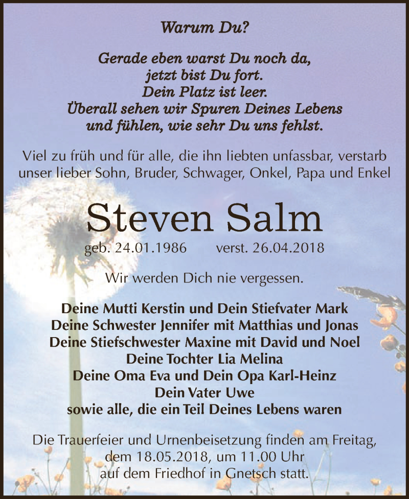  Traueranzeige für Steven Salm vom 05.05.2018 aus WVG - Wochenspiegel Dessau / Köthen