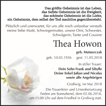 Traueranzeige von Thea Howon von WVG - Wochenspiegel Wittenberg