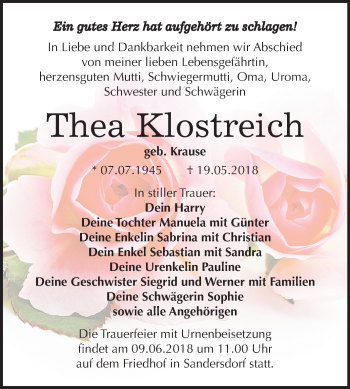 Traueranzeige von Thea Klostreich von Mitteldeutsche Zeitung Bitterfeld