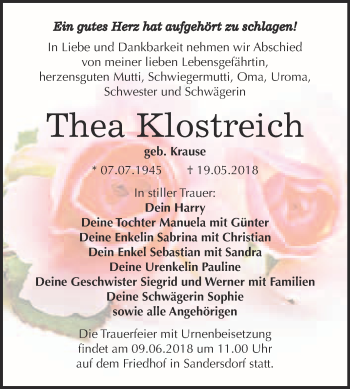 Traueranzeige von Thea Klostreich von WVG - Wochenspiegel Bitterfeld