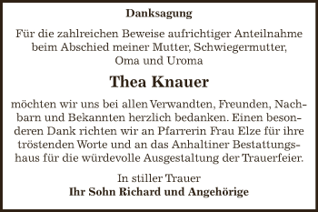 Traueranzeige von Thea Knauer von WVG - Wochenspiegel Dessau / Köthen